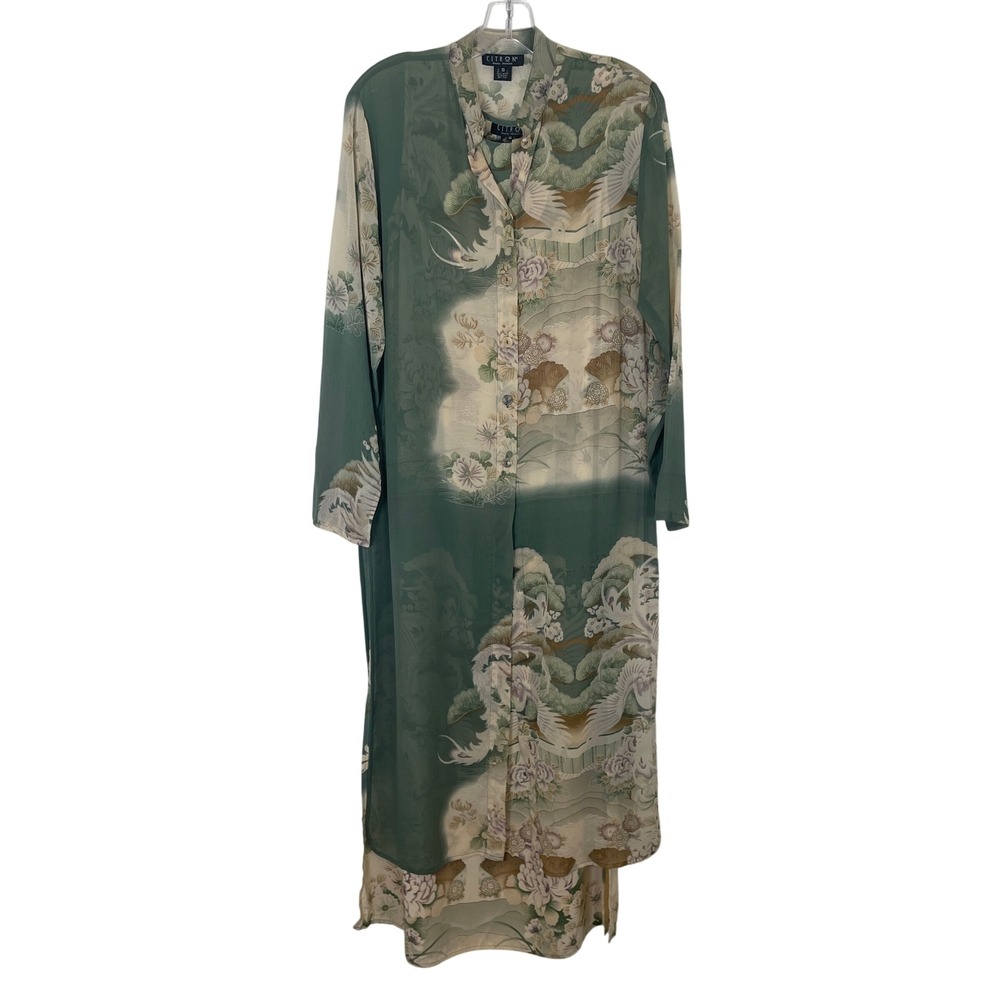 Citron Santa Monica 2-Piece Silk Duster & Dress Set Sage Green Floral Print S